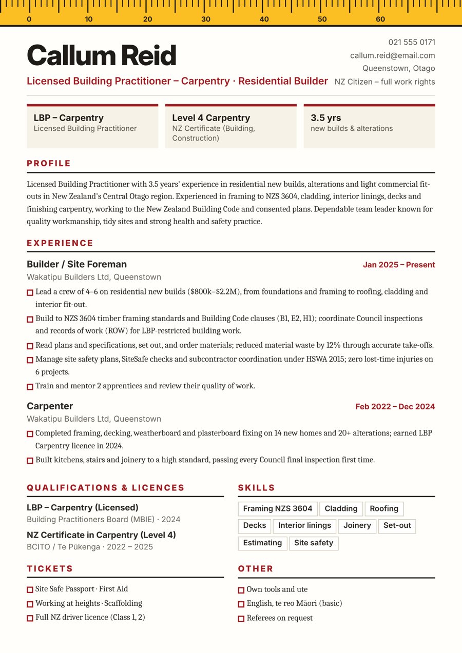 Builder – Licensed Building Practitioner (Carpentry) resume sample – New Zealand format, 3–4 years’ experience (Queenstown)