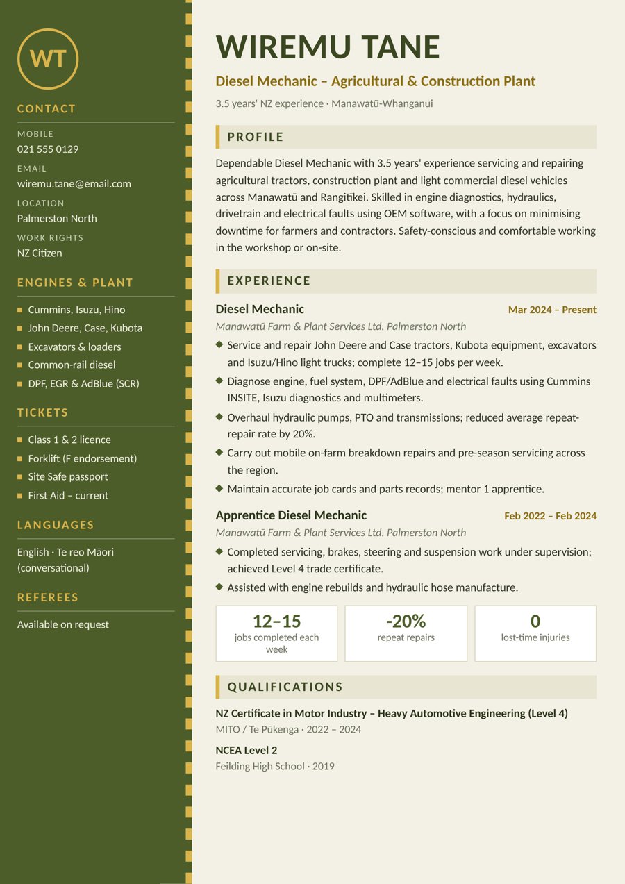 Diesel Mechanic – Agricultural & Construction Plant resume sample – New Zealand format, 3–4 years’ experience (Palmerston North)