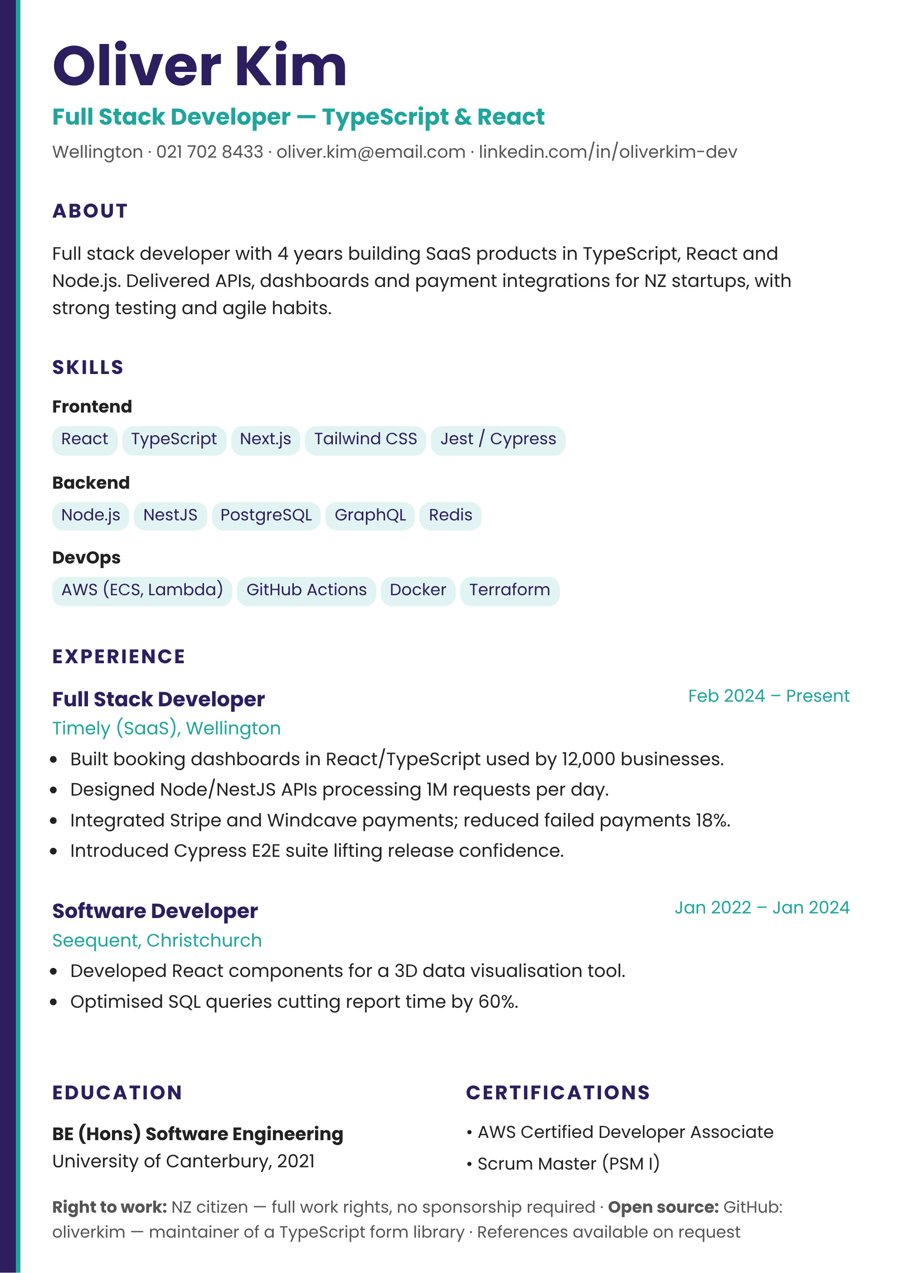 Full-Stack Developer – TypeScript, React & .NET resume sample – New Zealand format, 3–4 years’ experience (Auckland)