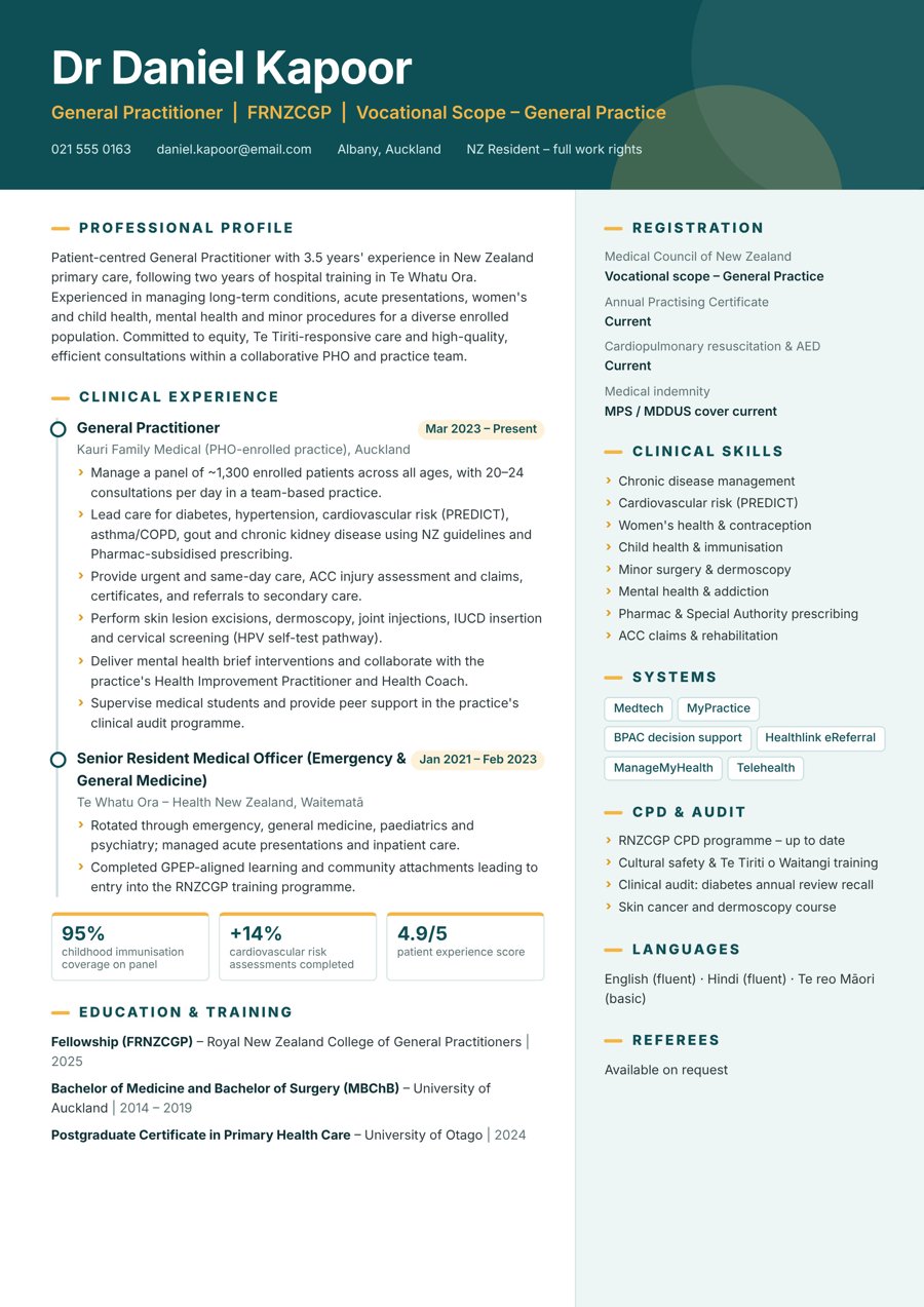 General Practitioner (GP) CV sample – New Zealand format, 3–4 years’ experience (Auckland)
