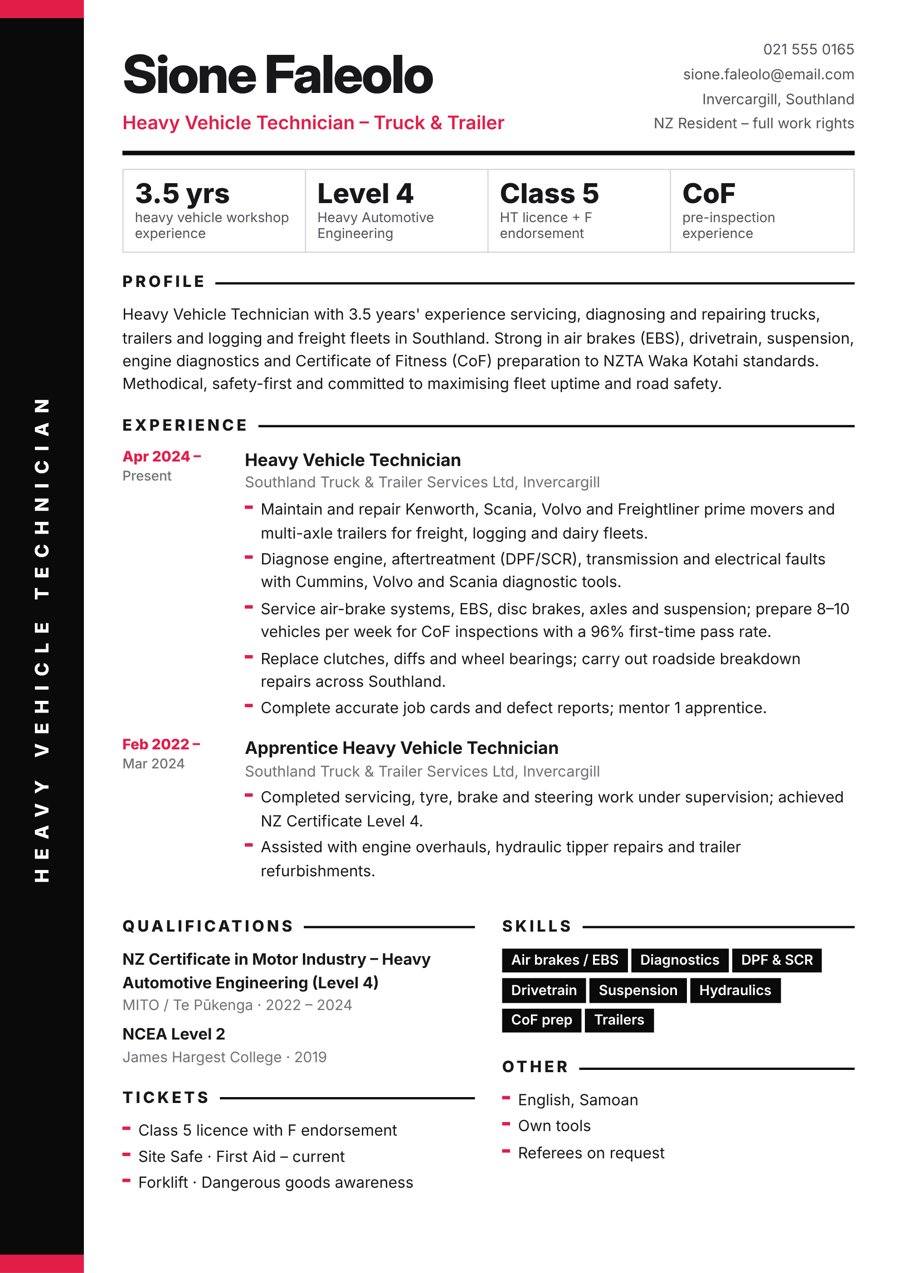 Heavy Vehicle Technician – Truck & Trailer resume sample – New Zealand format, 3–4 years’ experience (Invercargill)