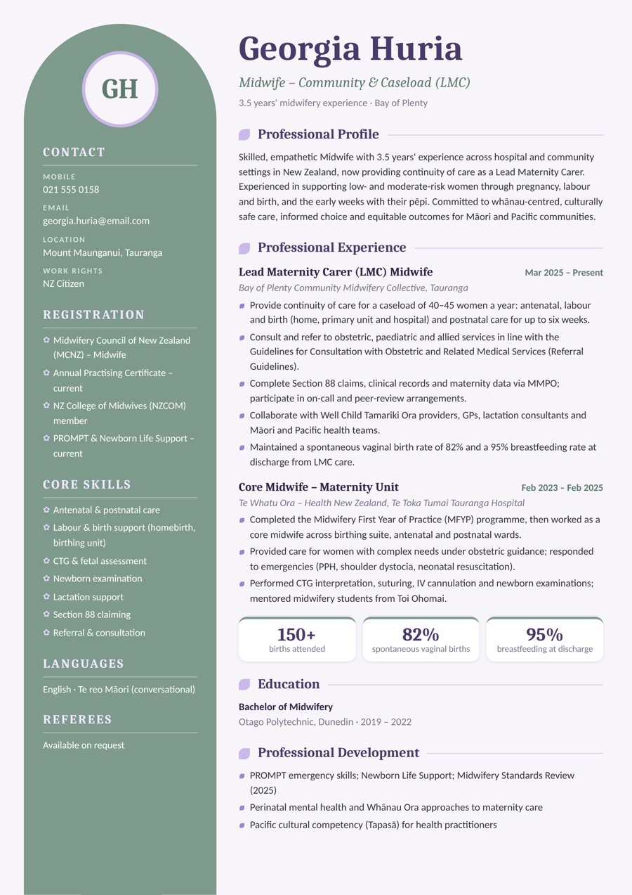 Lead Maternity Carer (LMC) Midwife resume sample – New Zealand format, 3–4 years’ experience (Tauranga)