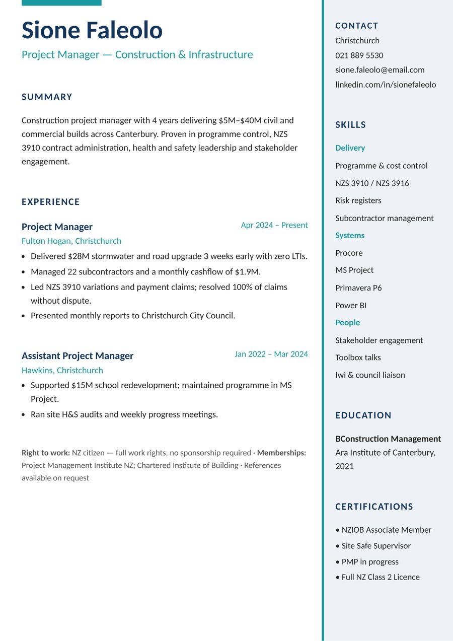 Project Manager – Construction & Infrastructure resume sample – New Zealand format, 3–4 years’ experience (Auckland)