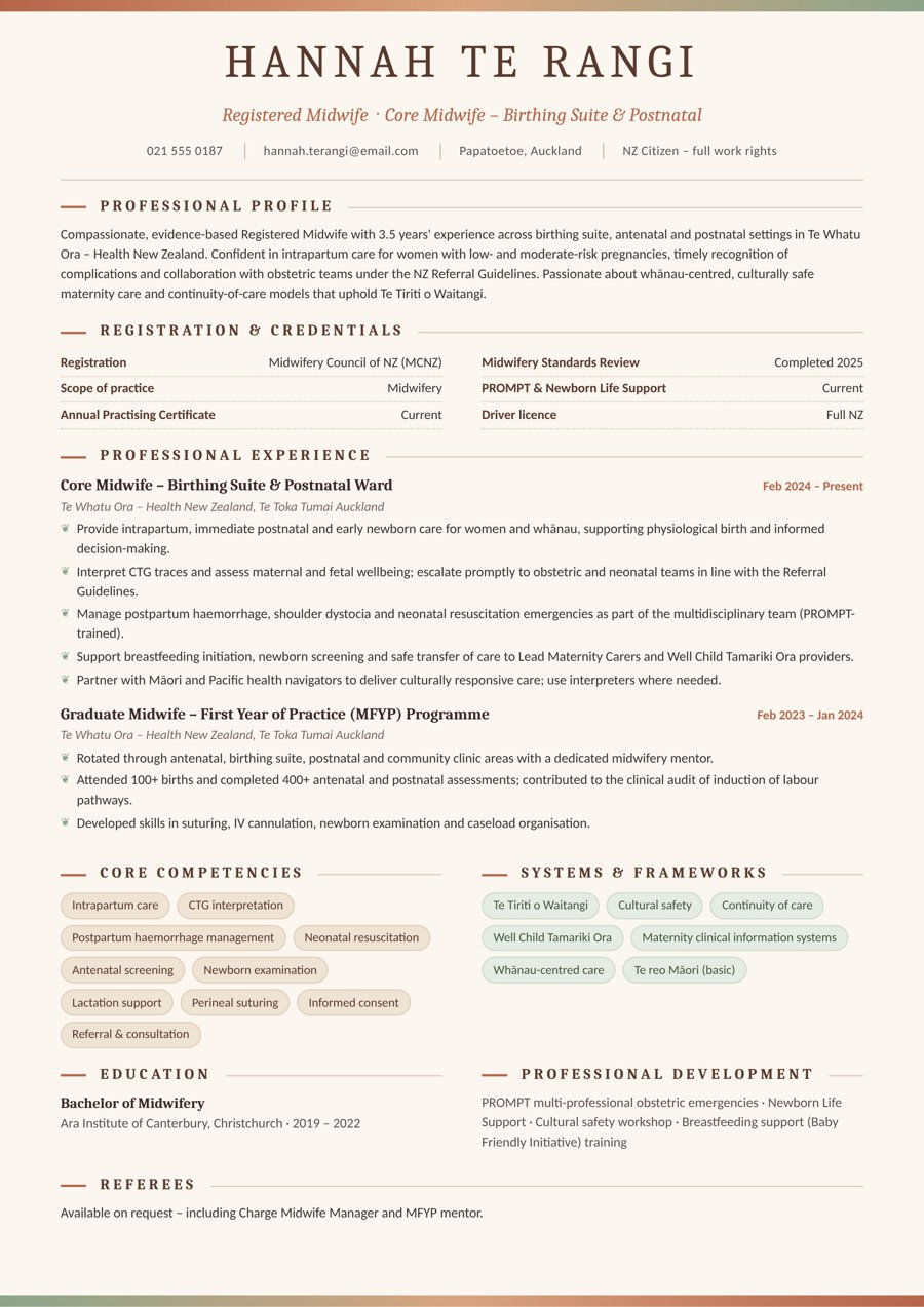 Registered Midwife – Birthing Suite & Postnatal resume sample – New Zealand format, 3–4 years’ experience (Auckland)