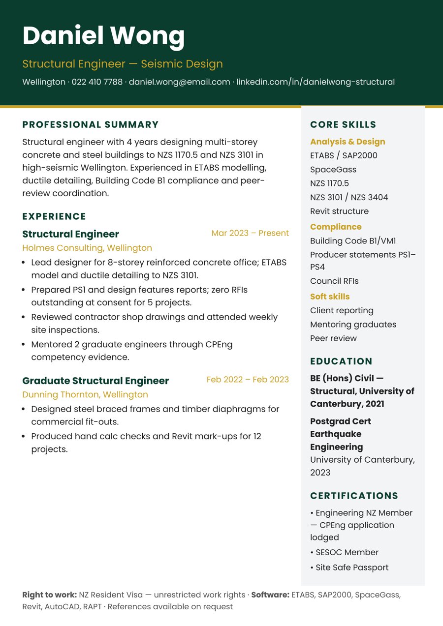 Structural Engineer – Seismic Design & Assessment resume sample – New Zealand format, 3–4 years’ experience (Christchurch)