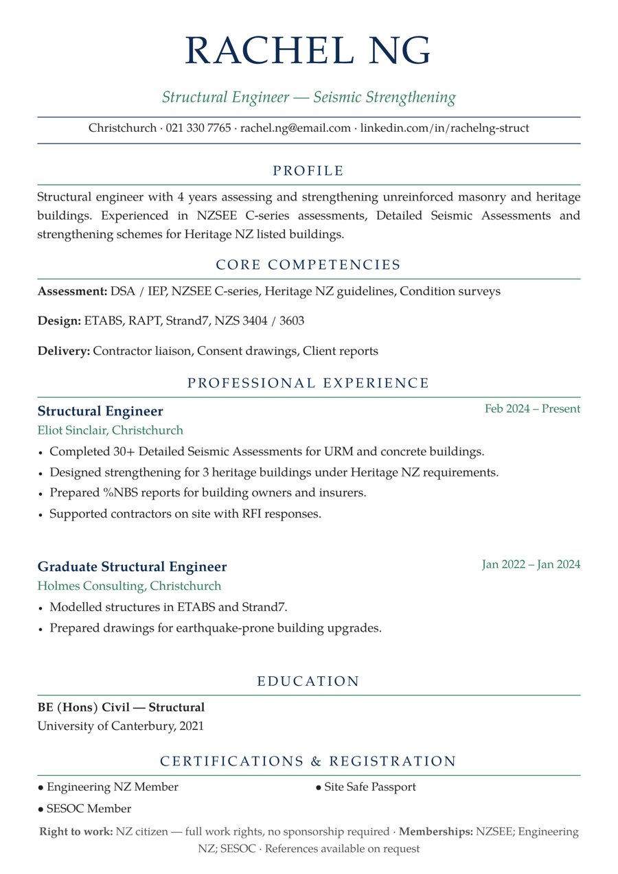 Structural Engineer – Commercial & Seismic Strengthening resume sample – New Zealand format, 3–4 years’ experience (Wellington)