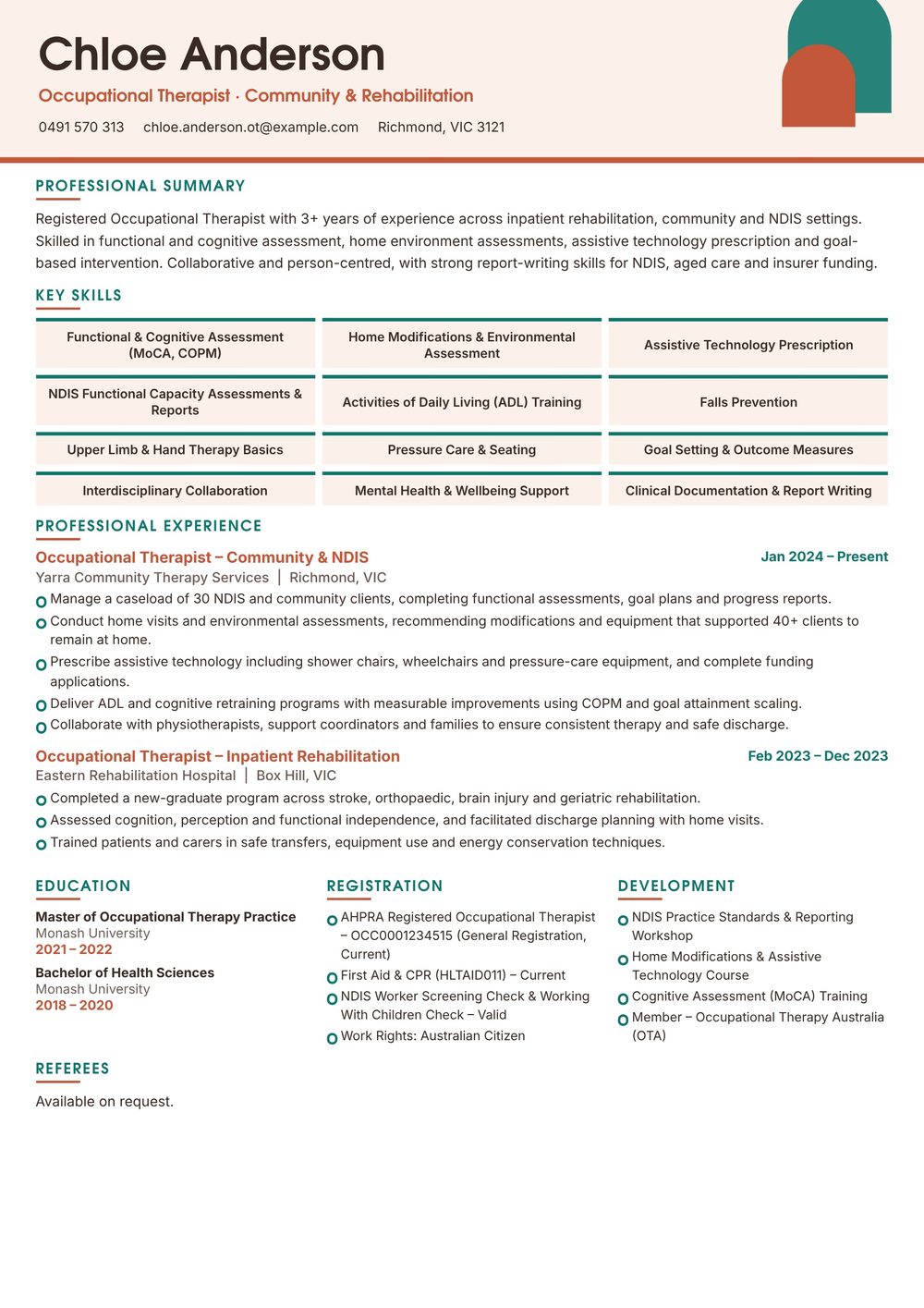 Occupational Therapist Resume Sample Australia (2026) – ATS-Friendly Australian Format Occupational Therapist resume sample Australia: one-page Australian-format resume example for 3-4 years of experience (JPG)
