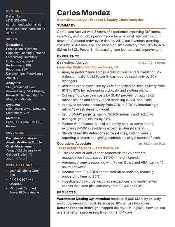 Operations Analyst resume example for USA jobs - ATS-friendly one-page American format