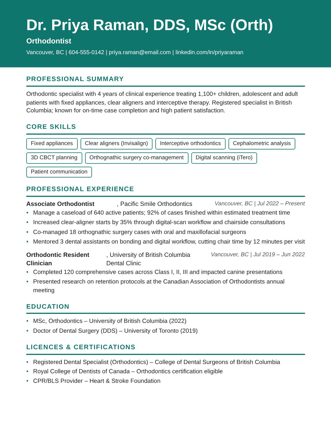 Orthodontist Resume Sample Canada | Free Canadian Resume Template Orthodontist resume sample Canada – ATS-friendly Canadian format resume example with quantified achievements