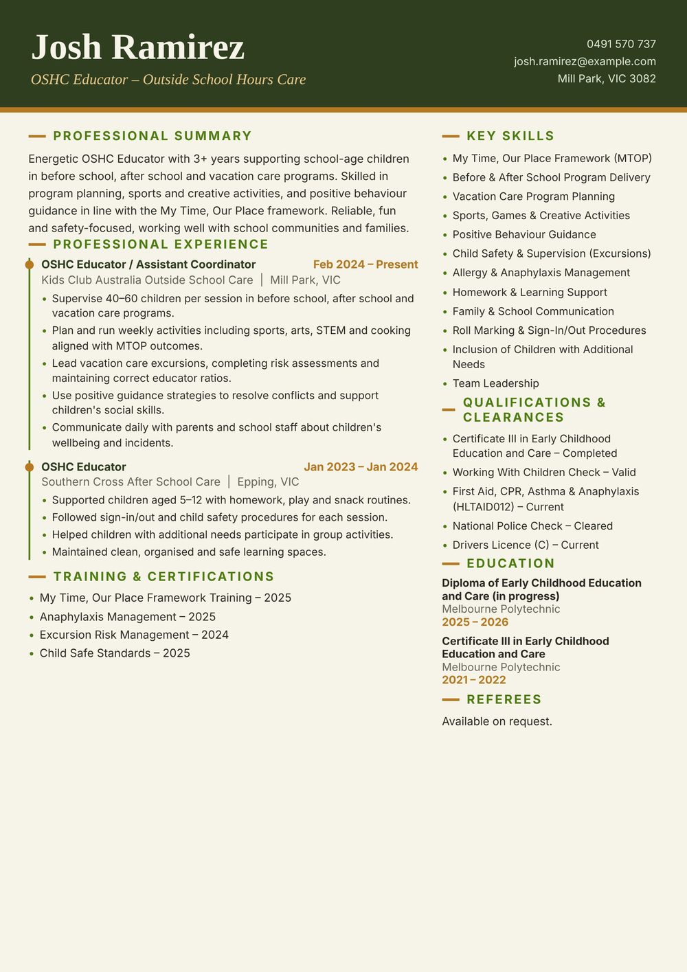 Outside School Hours Care OSHC Educator Resume Sample Australia (2026) – ATS-Friendly Australian Format Outside School Hours Care OSHC Educator resume sample Australia: one-page Australian-format resume example for 3-4 years of experience (JPG)
