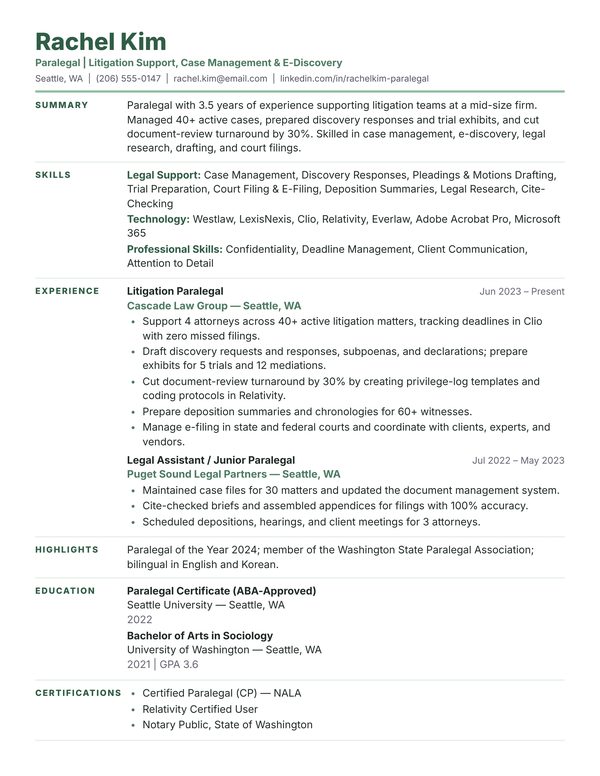 Paralegal resume example for USA jobs - ATS-friendly one-page American format