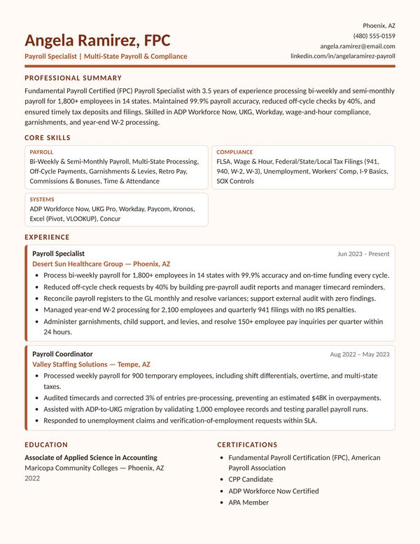 Payroll Specialist resume example for USA jobs - ATS-friendly one-page American format