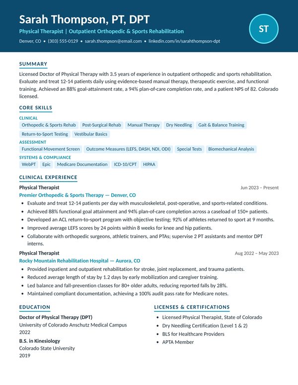 Physical Therapist resume example for USA jobs - ATS-friendly one-page American format