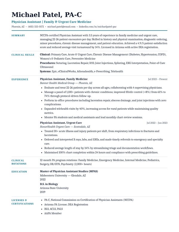 Physician Assistant (PA-C) resume example for USA jobs - ATS-friendly one-page American format