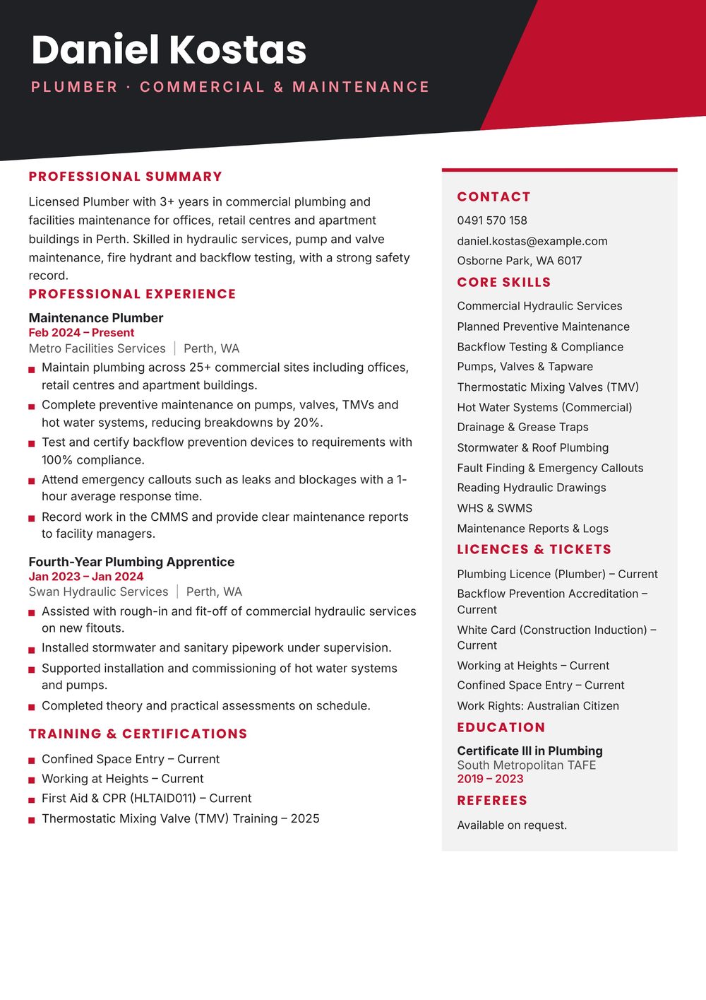 Commercial Maintenance Plumber Resume Sample Australia (2026) – ATS-Friendly Australian Format Commercial Maintenance Plumber resume sample Australia: one-page Australian-format resume example for 3-4 years of experience (JPG)