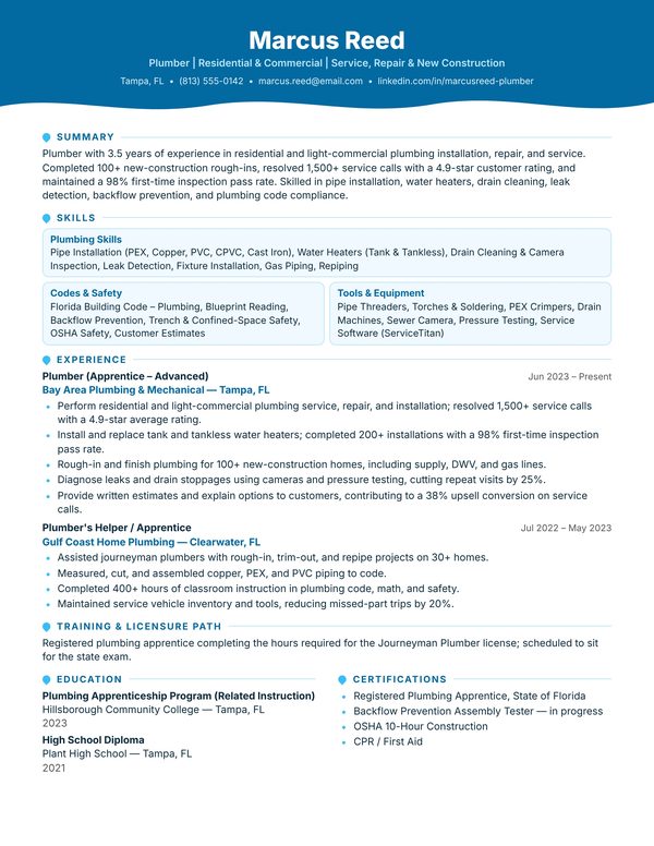 Plumber resume example for USA jobs - ATS-friendly one-page American format