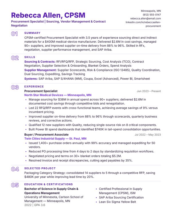 Procurement Specialist resume example for USA jobs - ATS-friendly one-page American format