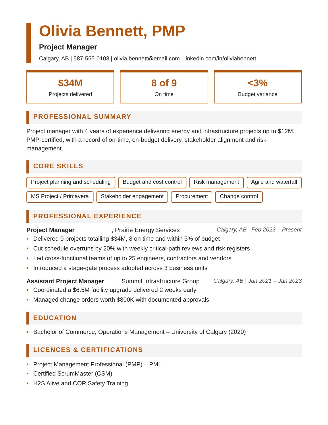 Project Manager Resume Sample Canada | Free Canadian Resume Template Project Manager resume sample Canada – ATS-friendly Canadian format resume example with quantified achievements