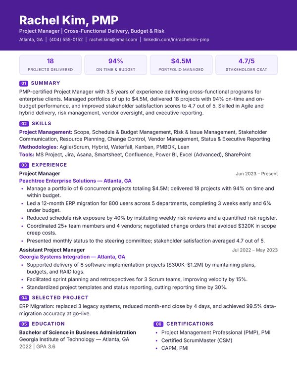 Project Manager resume example for USA jobs - ATS-friendly one-page American format