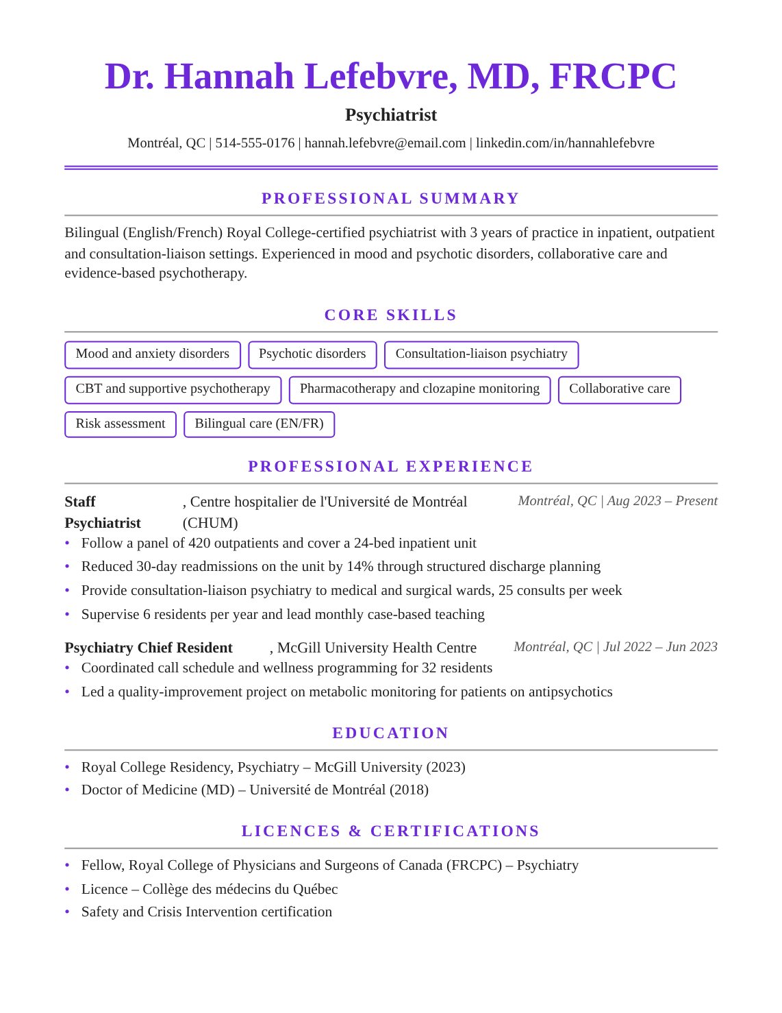 Psychiatrist Resume Sample Canada | Free Canadian Resume Template Psychiatrist resume sample Canada – ATS-friendly Canadian format resume example with quantified achievements