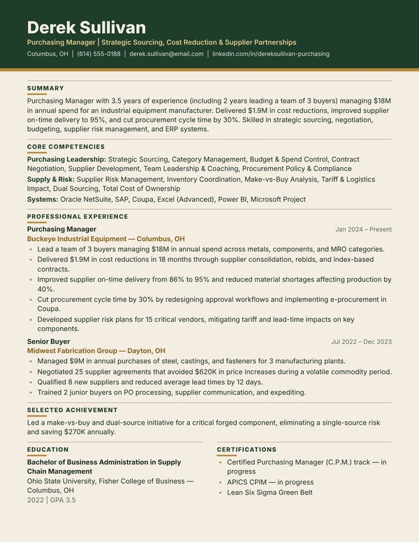 Purchasing Manager resume example for USA jobs - ATS-friendly one-page American format