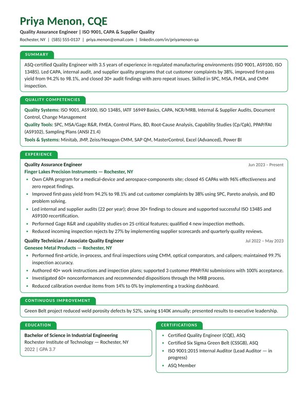 Quality Assurance (QA) Engineer resume example for USA jobs - ATS-friendly one-page American format
