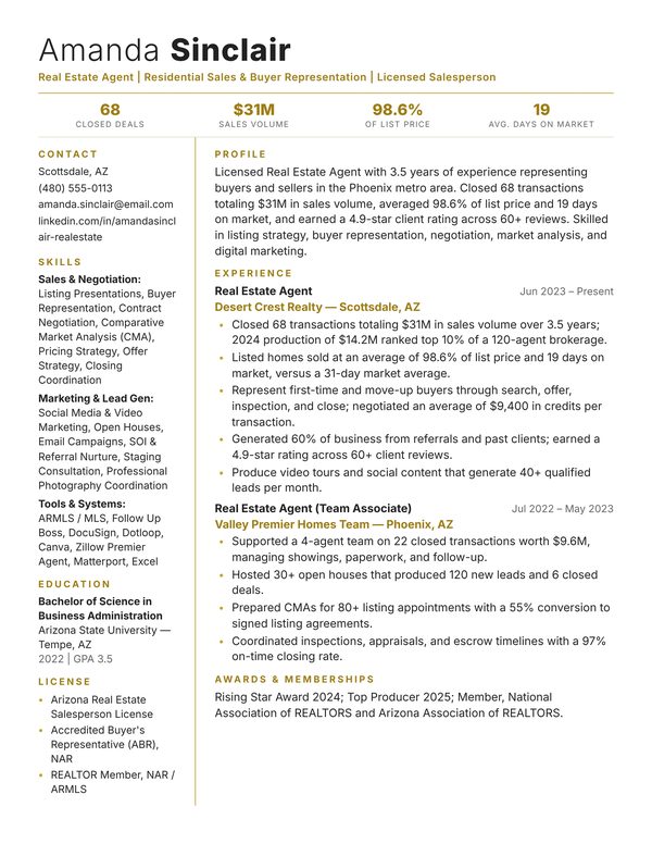 Real Estate Agent Resume Sample JPG - USA Format, 1-Page Design (3-4 Years Experience) Real Estate Agent resume example for USA jobs - ATS-friendly one-page American format