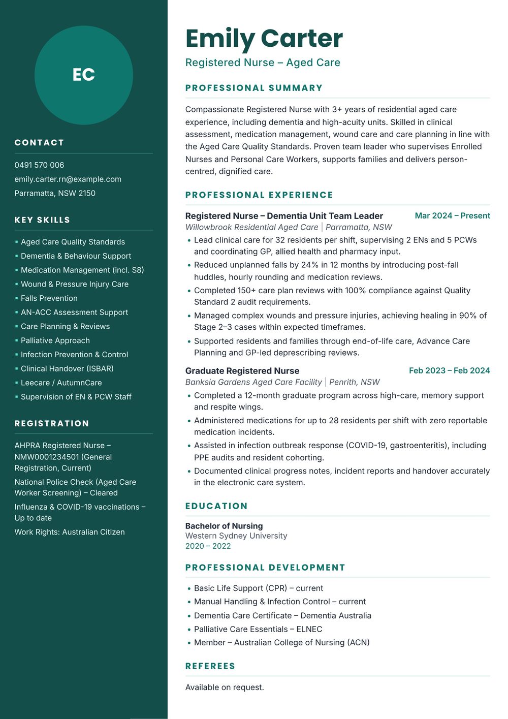 Aged Care Registered Nurse Resume Sample Australia (2026) – ATS-Friendly Australian Format Aged Care Registered Nurse resume sample Australia: one-page Australian-format resume example for 3-4 years of experience (JPG)