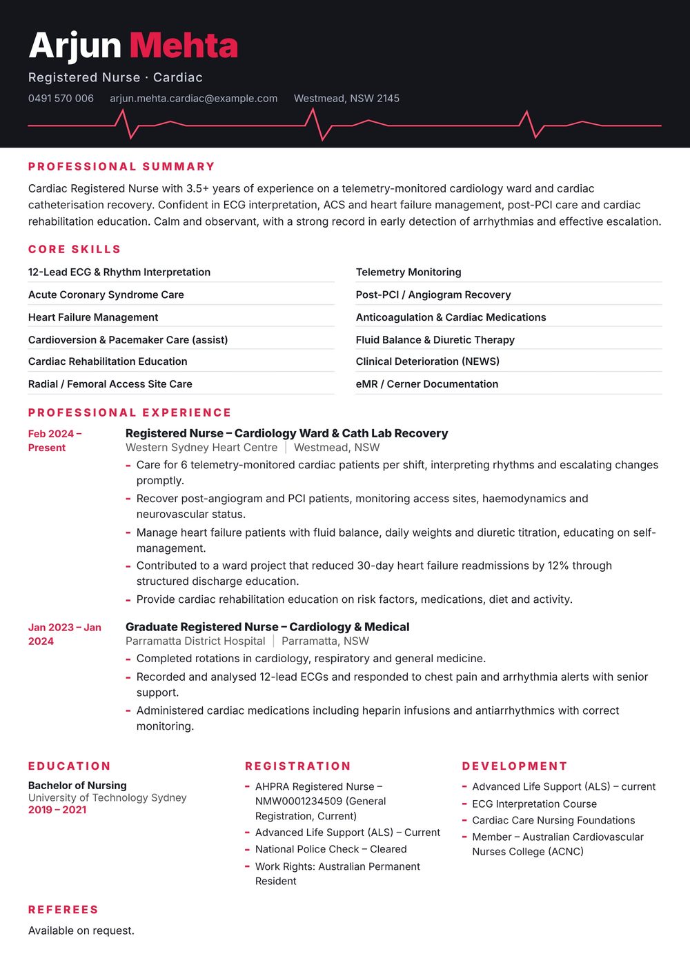 Cardiac Registered Nurse Resume Sample Australia (2026) – ATS-Friendly Australian Format Cardiac Registered Nurse resume sample Australia: one-page Australian-format resume example for 3-4 years of experience (JPG)