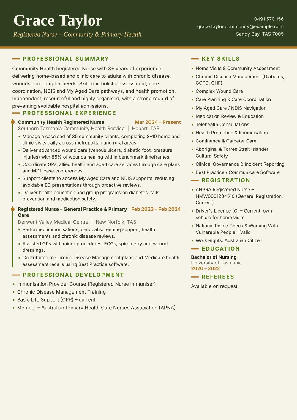 Community Health Registered Nurse Resume Sample Australia (2026) – ATS-Friendly Australian Format Community Health Registered Nurse resume sample Australia: one-page Australian-format resume example for 3-4 years of experience (JPG)