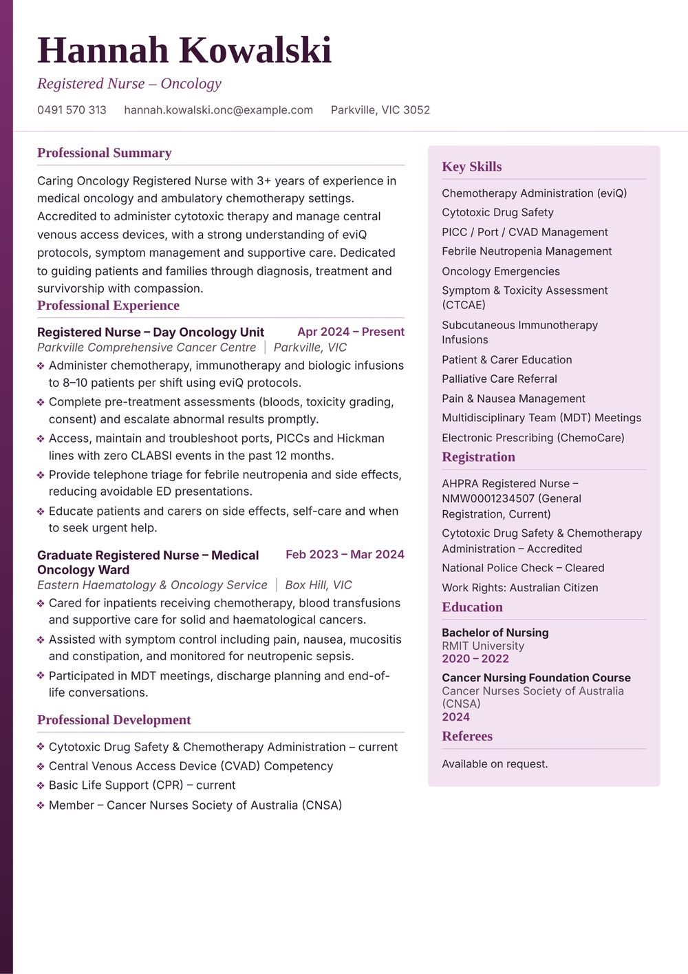 Oncology Registered Nurse Resume Sample Australia (2026) – ATS-Friendly Australian Format Oncology Registered Nurse resume sample Australia: one-page Australian-format resume example for 3-4 years of experience (JPG)