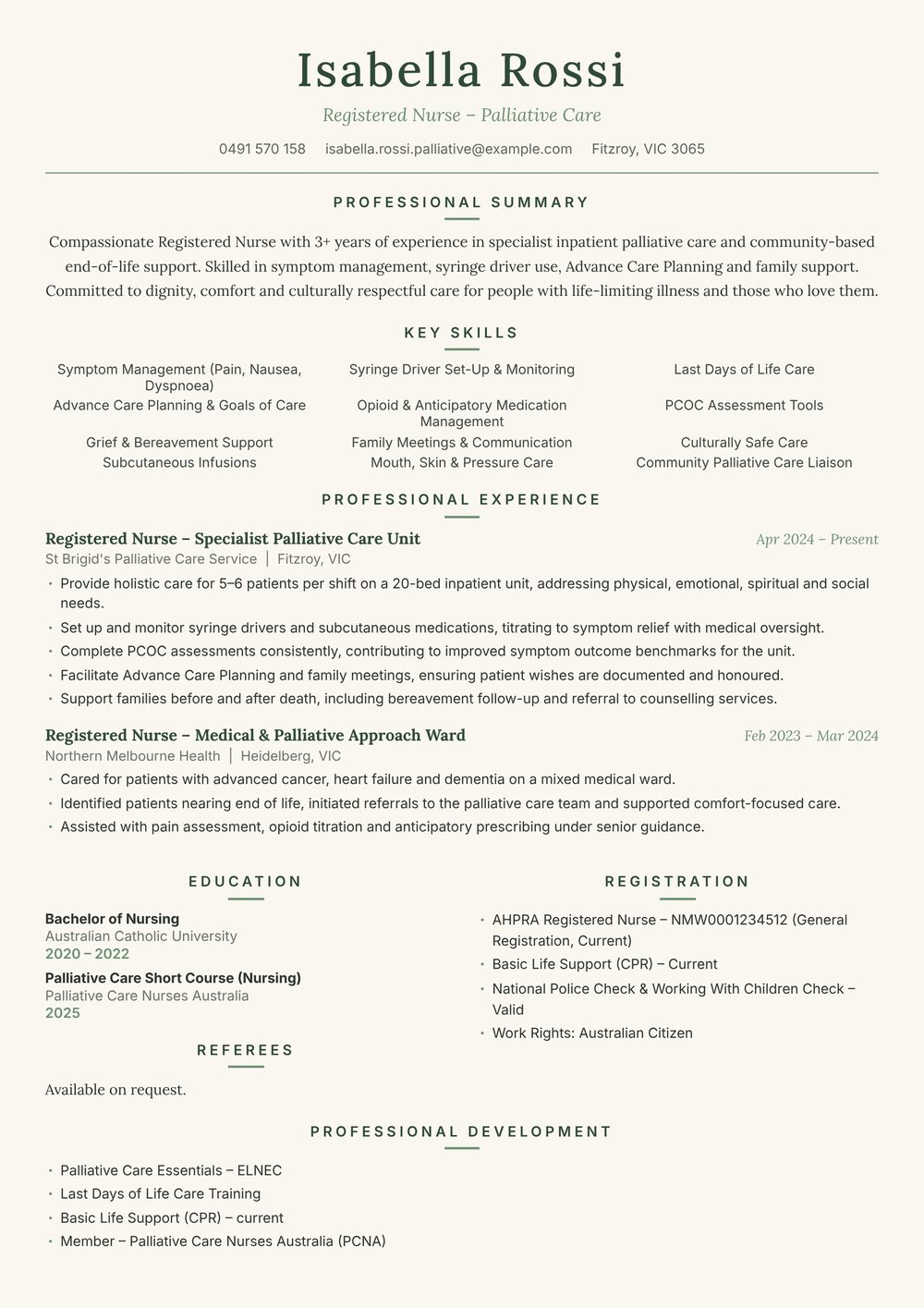 Palliative Care Registered Nurse Resume Sample Australia (2026) – ATS-Friendly Australian Format Palliative Care Registered Nurse resume sample Australia: one-page Australian-format resume example for 3-4 years of experience (JPG)