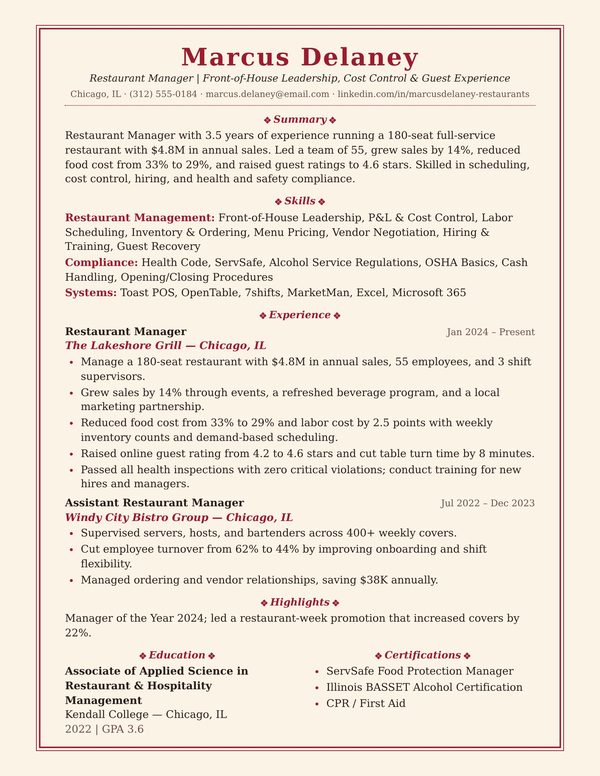 Restaurant Manager resume example for USA jobs - ATS-friendly one-page American format