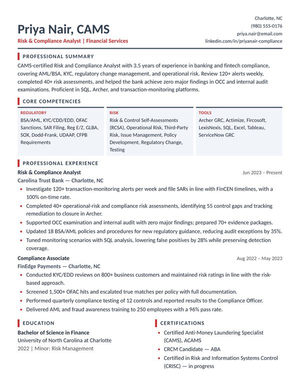 Risk & Compliance Analyst Resume Sample JPG - USA Format, 1-Page Design (3-4 Years Experience) Risk & Compliance Analyst resume example for USA jobs - ATS-friendly one-page American format