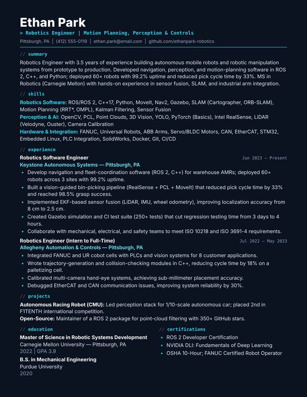 Robotics Engineer resume example for USA jobs - ATS-friendly one-page American format