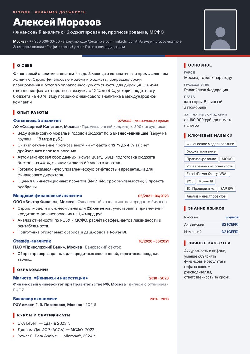 Russian resume format sample (резюме) for a financial analyst in Moscow – ATS-friendly layout with photo