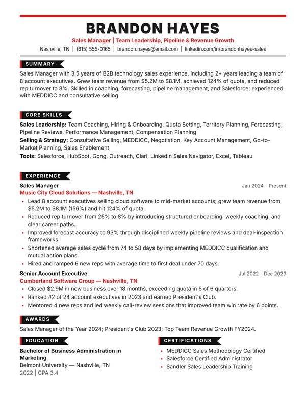 Sales Manager Resume Sample JPG - USA Format, 1-Page Design (3-4 Years Experience) Sales Manager resume example for USA jobs - ATS-friendly one-page American format