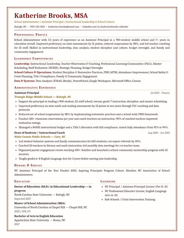 School Administrator Resume Sample JPG - USA Format, 1-Page Design (3-4 Years Experience) School Administrator resume example for USA jobs - ATS-friendly one-page American format