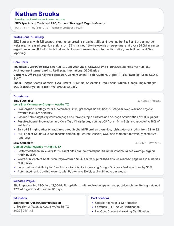 SEO Specialist resume example for USA jobs - ATS-friendly one-page American format