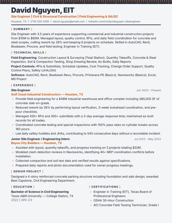 Site Engineer resume example for USA jobs - ATS-friendly one-page American format