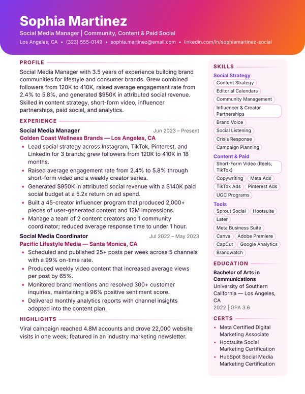 Social Media Manager resume example for USA jobs - ATS-friendly one-page American format