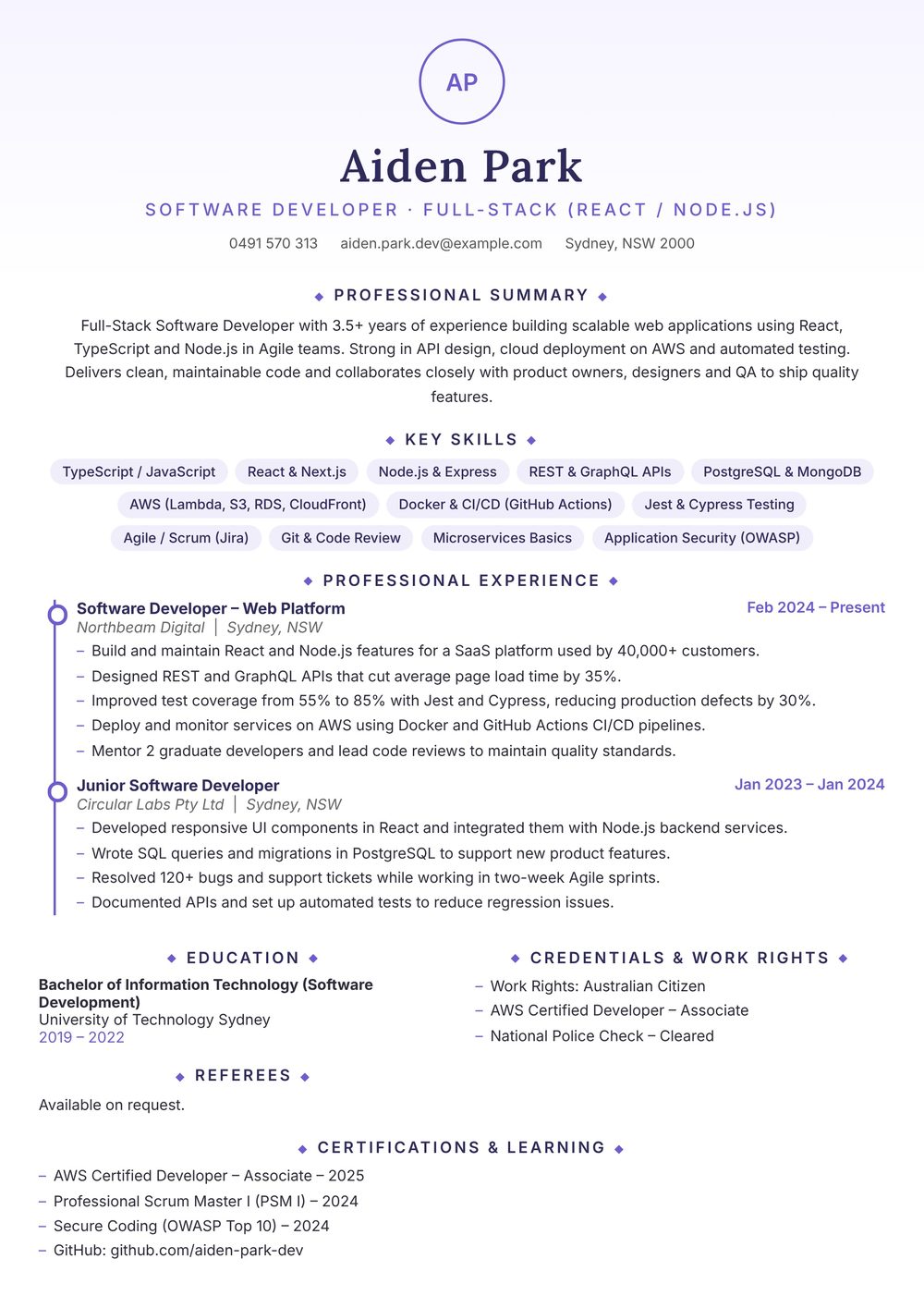 Full-Stack Software Developer Resume Sample Australia (2026) – ATS-Friendly Australian Format Full-Stack Software Developer resume sample Australia: one-page Australian-format resume example for 3-4 years of experience (JPG)