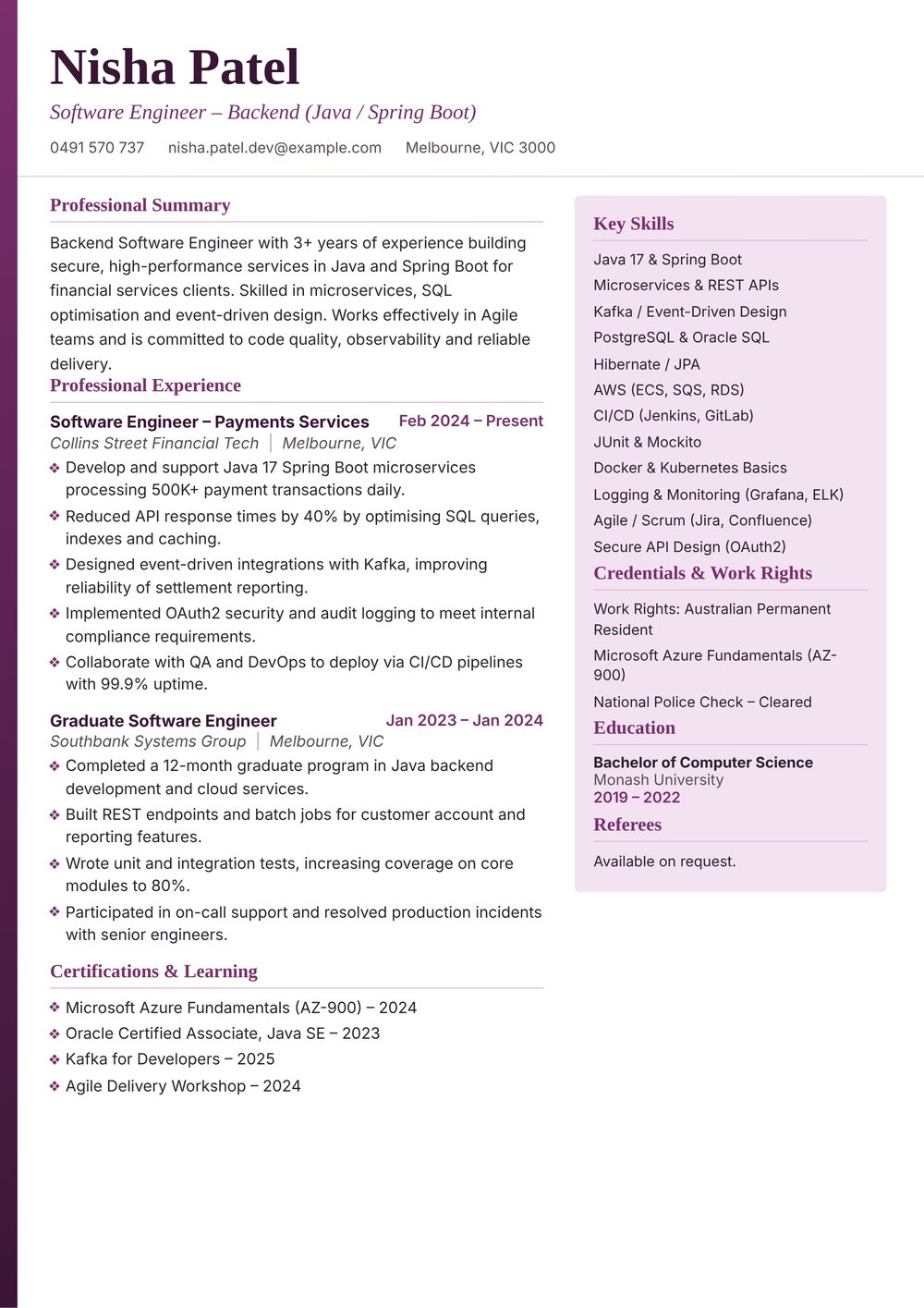 Java Backend Software Developer Resume Sample Australia (2026) – ATS-Friendly Australian Format Java Backend Software Developer resume sample Australia: one-page Australian-format resume example for 3-4 years of experience (JPG)
