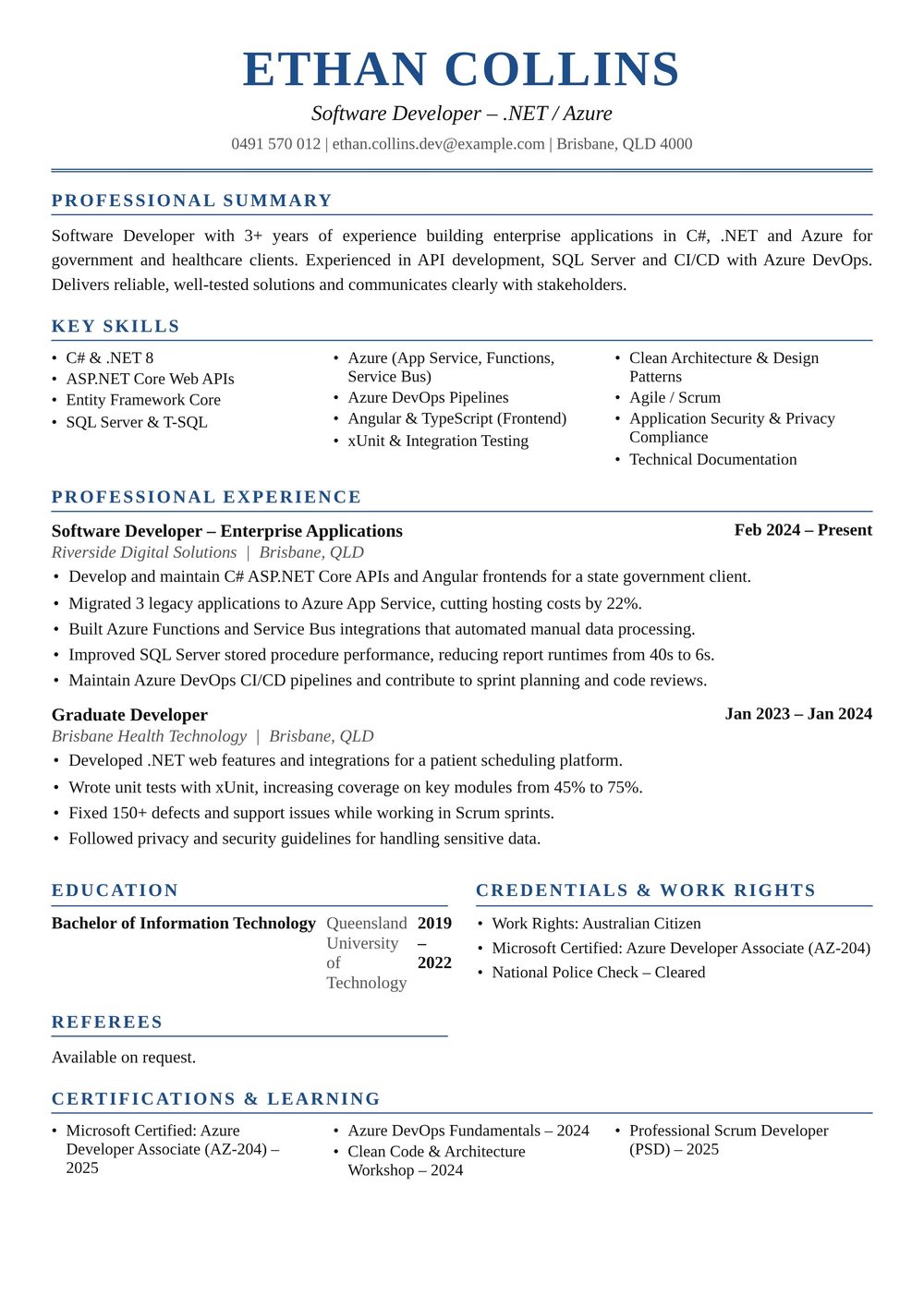 .NET & Azure Software Developer Resume Sample Australia (2026) – ATS-Friendly Australian Format .NET & Azure Software Developer resume sample Australia: one-page Australian-format resume example for 3-4 years of experience (JPG)