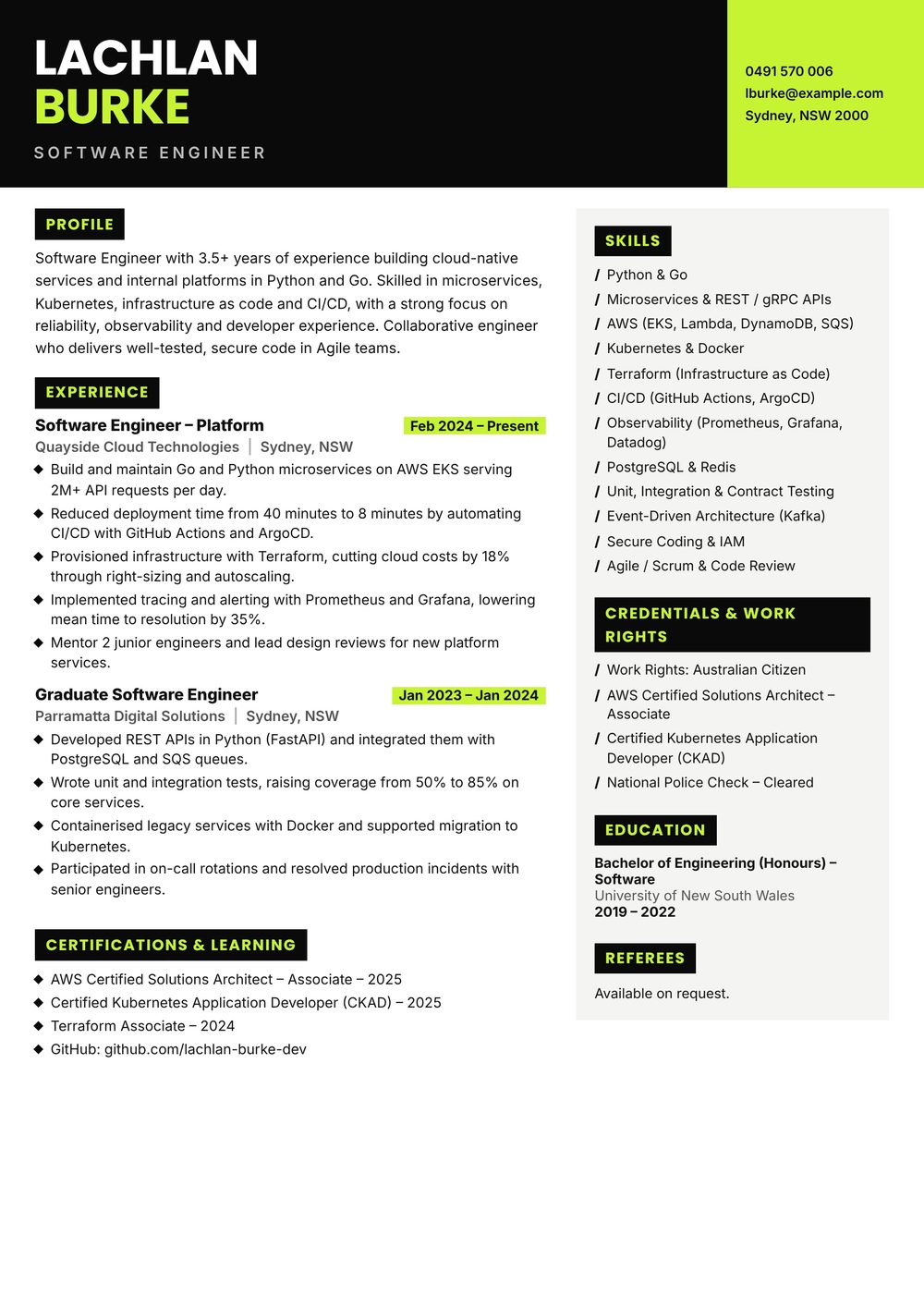 Cloud Platform Software Engineer Resume Sample Australia (2026) – ATS-Friendly Australian Format Cloud Platform Software Engineer resume sample Australia: one-page Australian-format resume example for 3-4 years of experience (JPG)