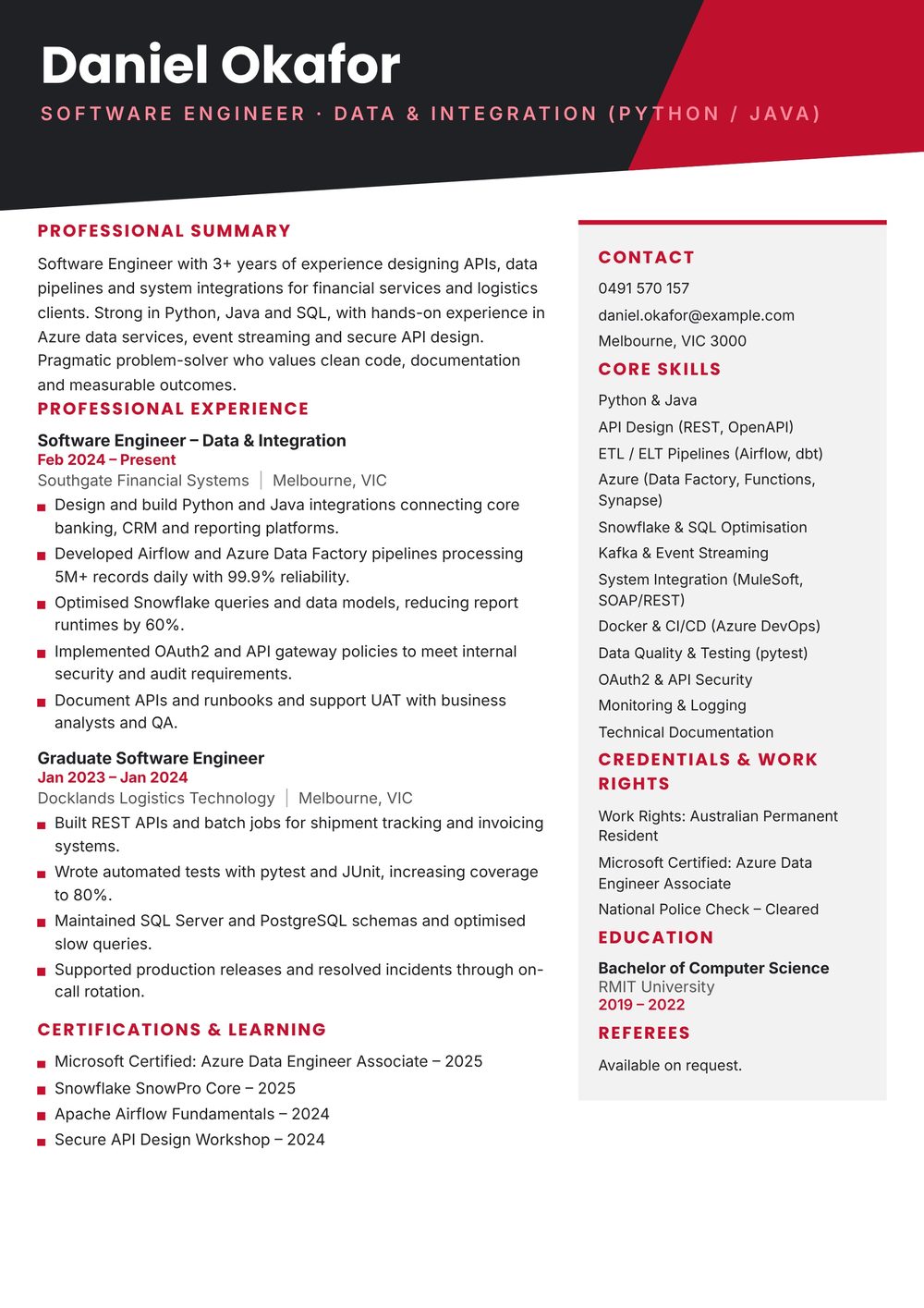 Data Integration Software Engineer Resume Sample Australia (2026) – ATS-Friendly Australian Format Data Integration Software Engineer resume sample Australia: one-page Australian-format resume example for 3-4 years of experience (JPG)