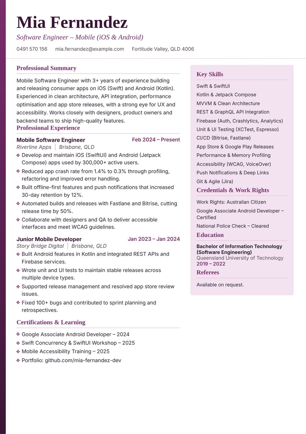 Mobile Software Engineer Resume Sample Australia (2026) – ATS-Friendly Australian Format Mobile Software Engineer resume sample Australia: one-page Australian-format resume example for 3-4 years of experience (JPG)