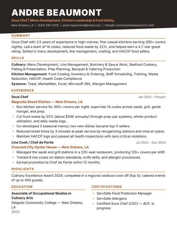 Sous Chef / Chef resume example for USA jobs - ATS-friendly one-page American format