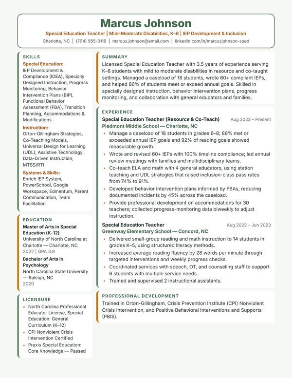 Special Education Teacher resume example for USA jobs - ATS-friendly one-page American format