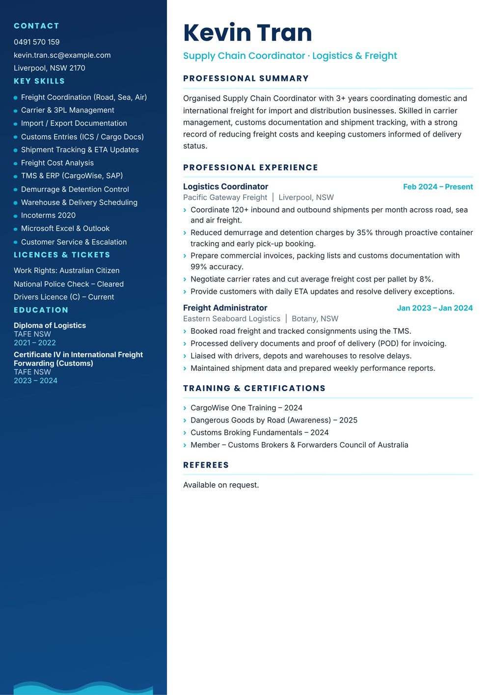 Logistics Supply Chain Coordinator Resume Sample Australia (2026) – ATS-Friendly Australian Format Logistics Supply Chain Coordinator resume sample Australia: one-page Australian-format resume example for 3-4 years of experience (JPG)